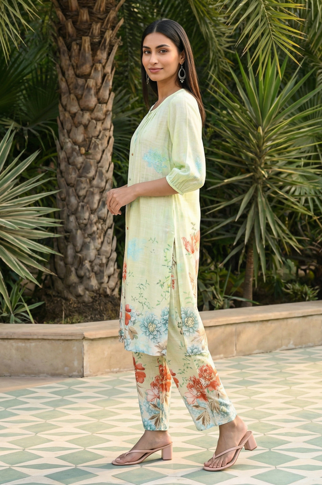 Green Floral Printed Rayon Straight Kurta with Palazzo Co-ord Set