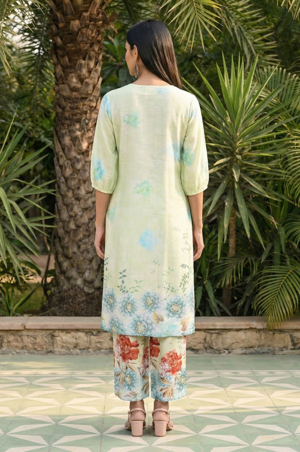 Green Floral Printed Rayon Straight Kurta with Palazzo Co-ord Set