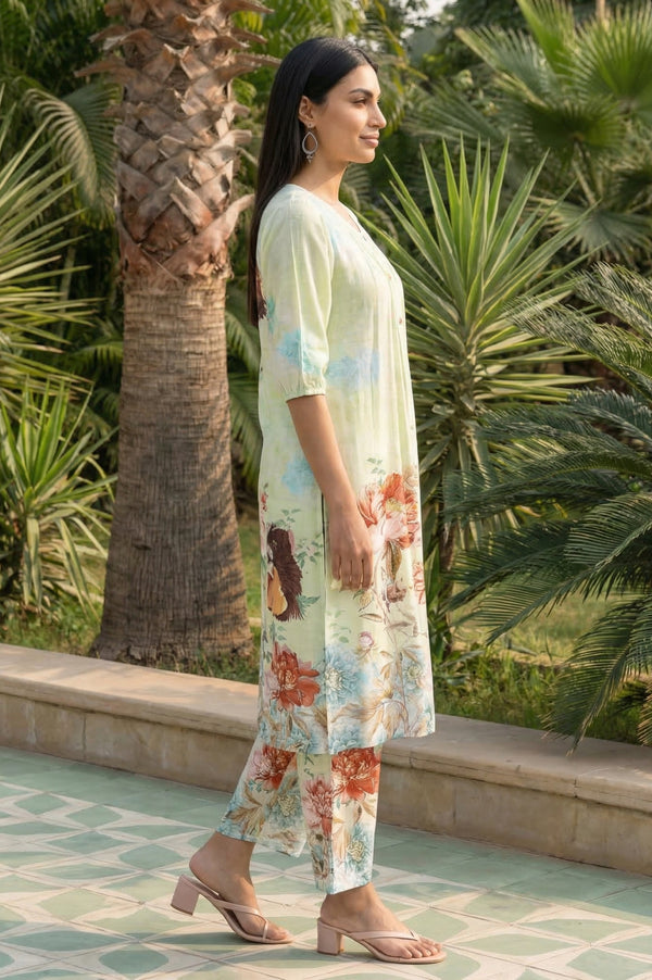 Green Floral Printed Rayon Straight Kurta with Palazzo Co-ord Set