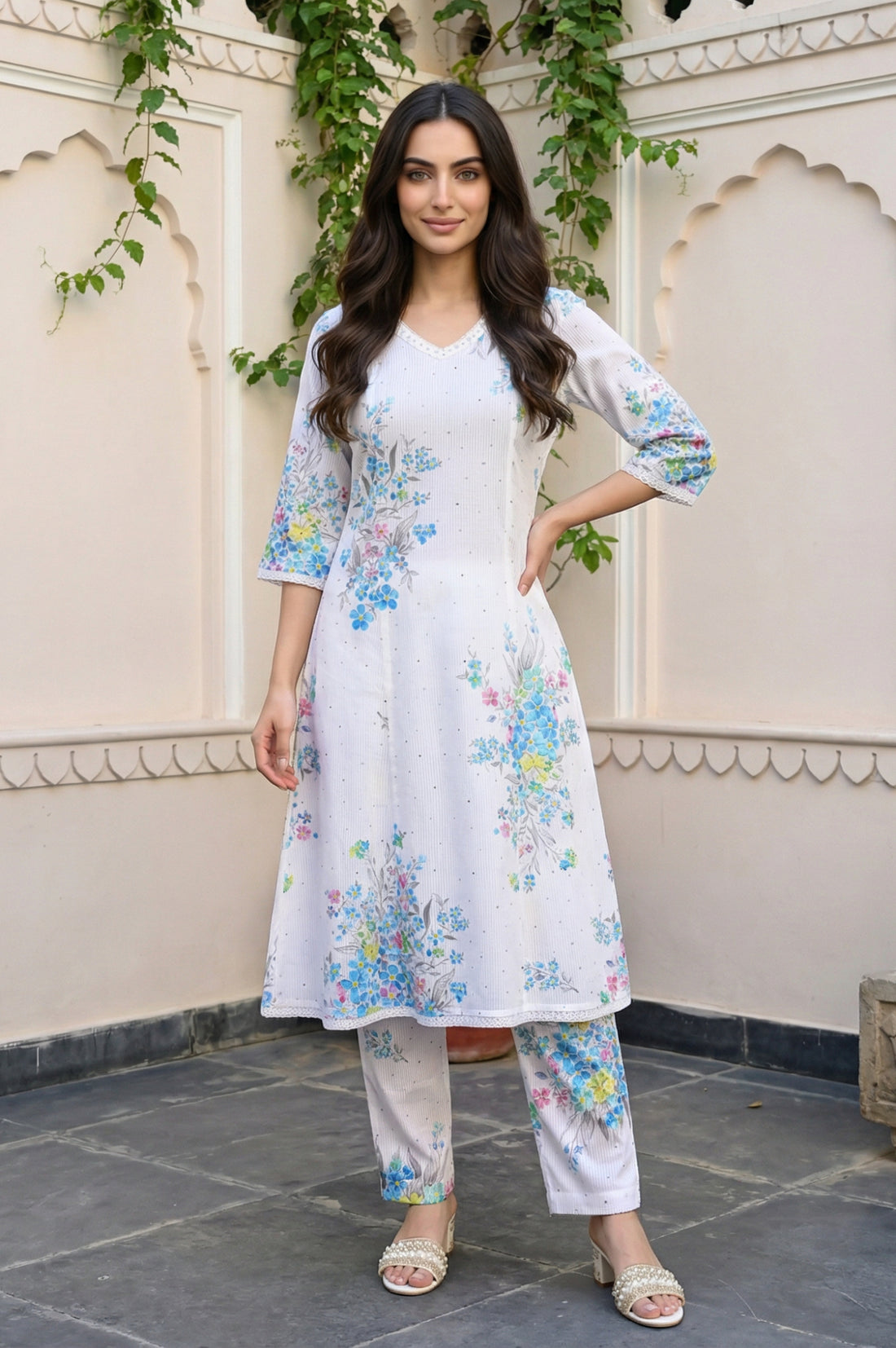 White Floral Printed Pure Cotton Straight Kurta and Trouser Co-ord Set