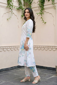 White Floral Printed Pure Cotton Straight Kurta and Trouser Co-ord Set