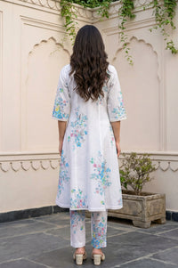 White Floral Printed Pure Cotton Straight Kurta and Trouser Co-ord Set
