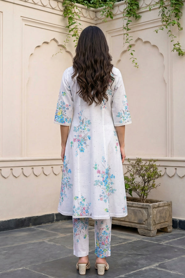 White Floral Printed Pure Cotton Straight Kurta and Trouser Co-ord Set