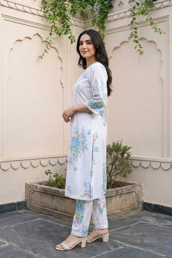 White Floral Printed Pure Cotton Straight Kurta and Trouser Co-ord Set