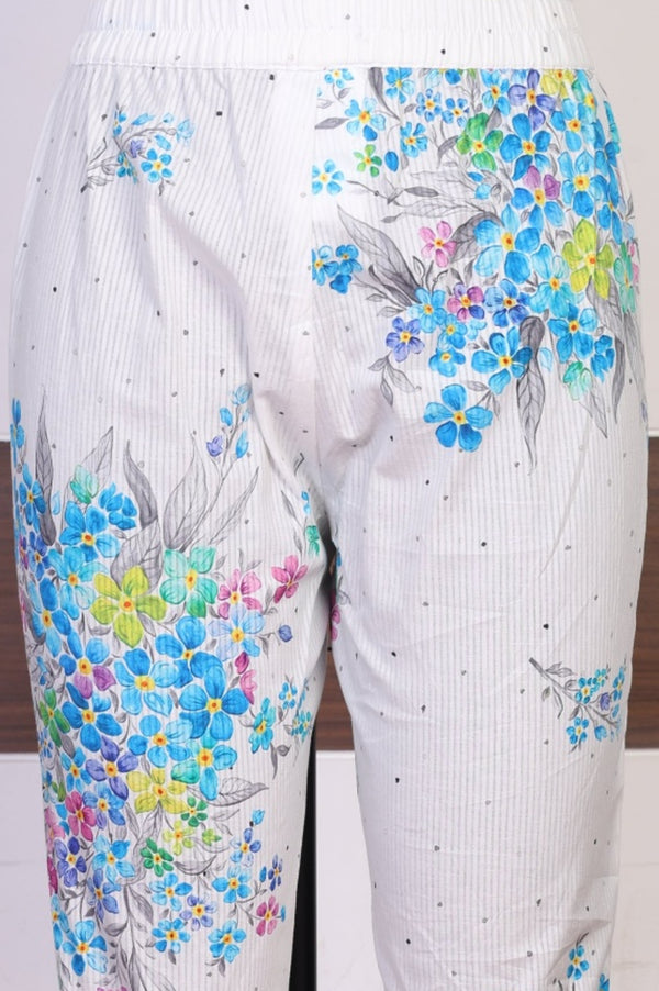 White Floral Printed Pure Cotton Straight Kurta and Trouser Co-ord Set
