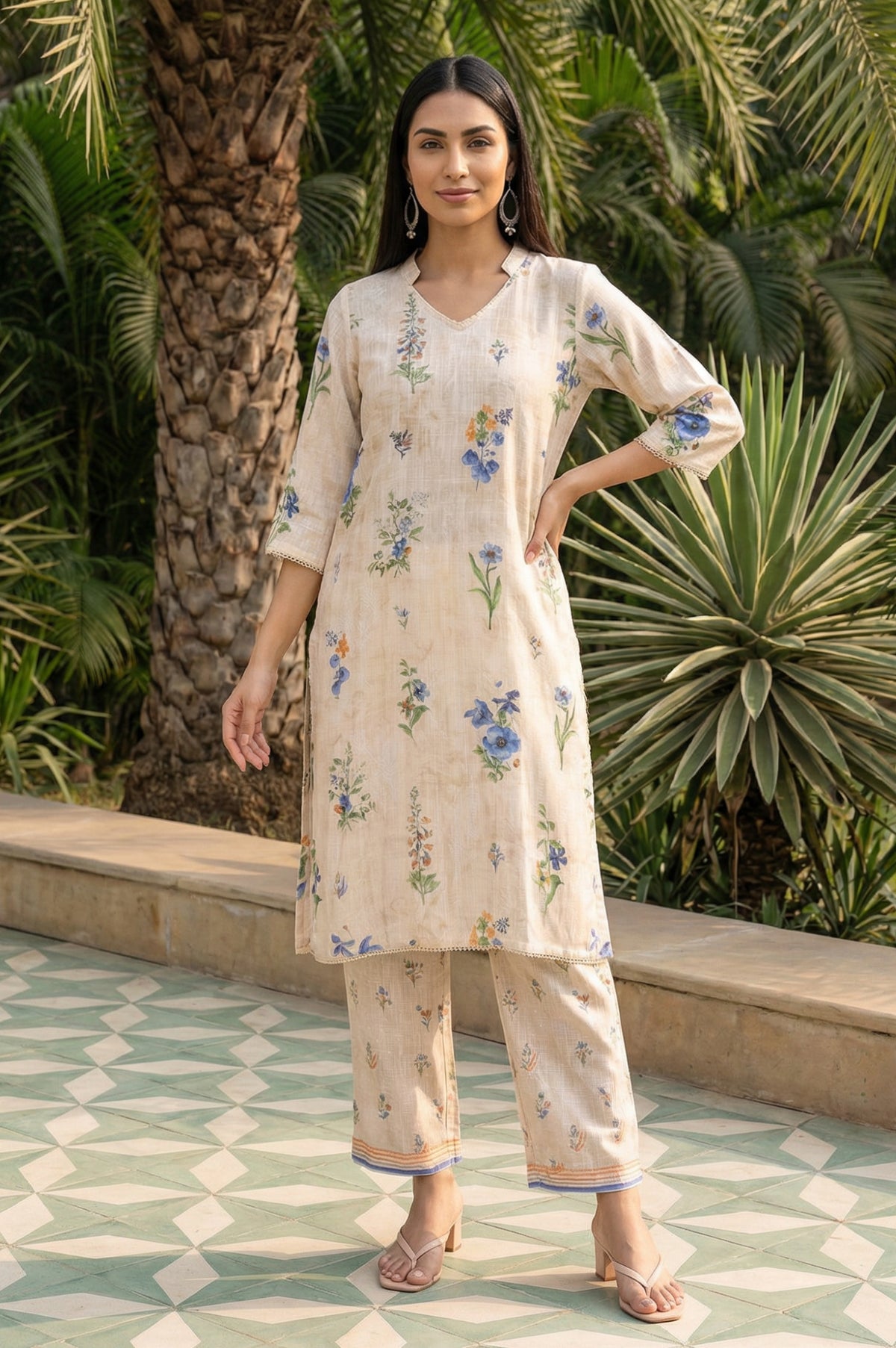 Beige Floral Printed Straight Kurta with Palazzo Co-ord Set - S