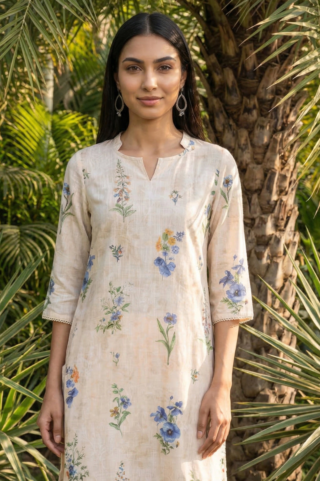 Beige Floral Printed Straight Kurta with Palazzo Co-ord Set