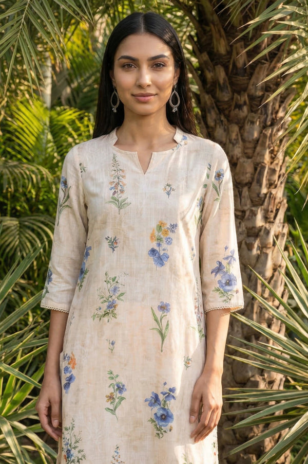 Beige Floral Printed Straight Kurta with Palazzo Co-ord Set