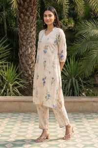 Beige Floral Printed Straight Kurta with Palazzo Co-ord Set