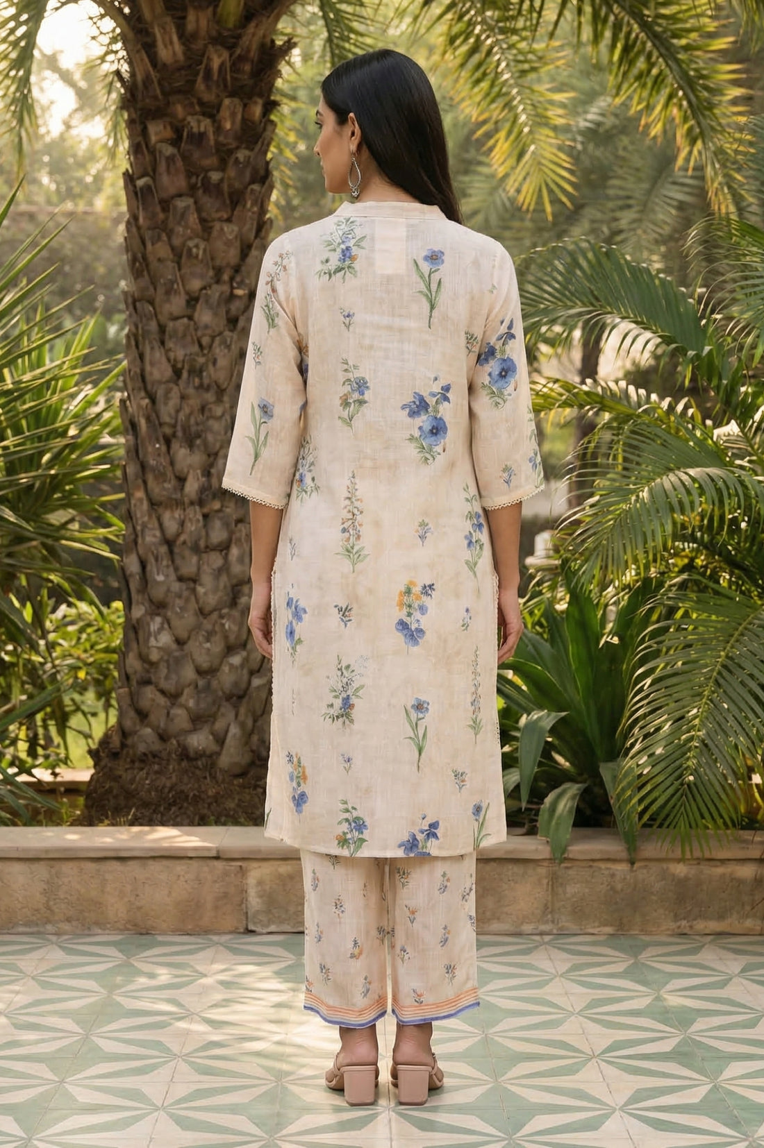 Beige Floral Printed Straight Kurta with Palazzo Co-ord Set