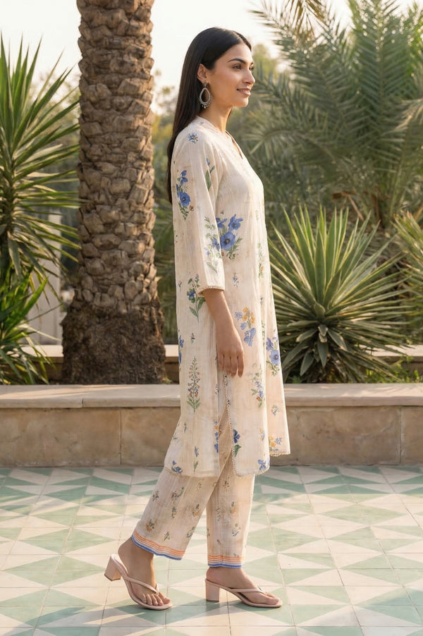 Beige Floral Printed Straight Kurta with Palazzo Co-ord Set