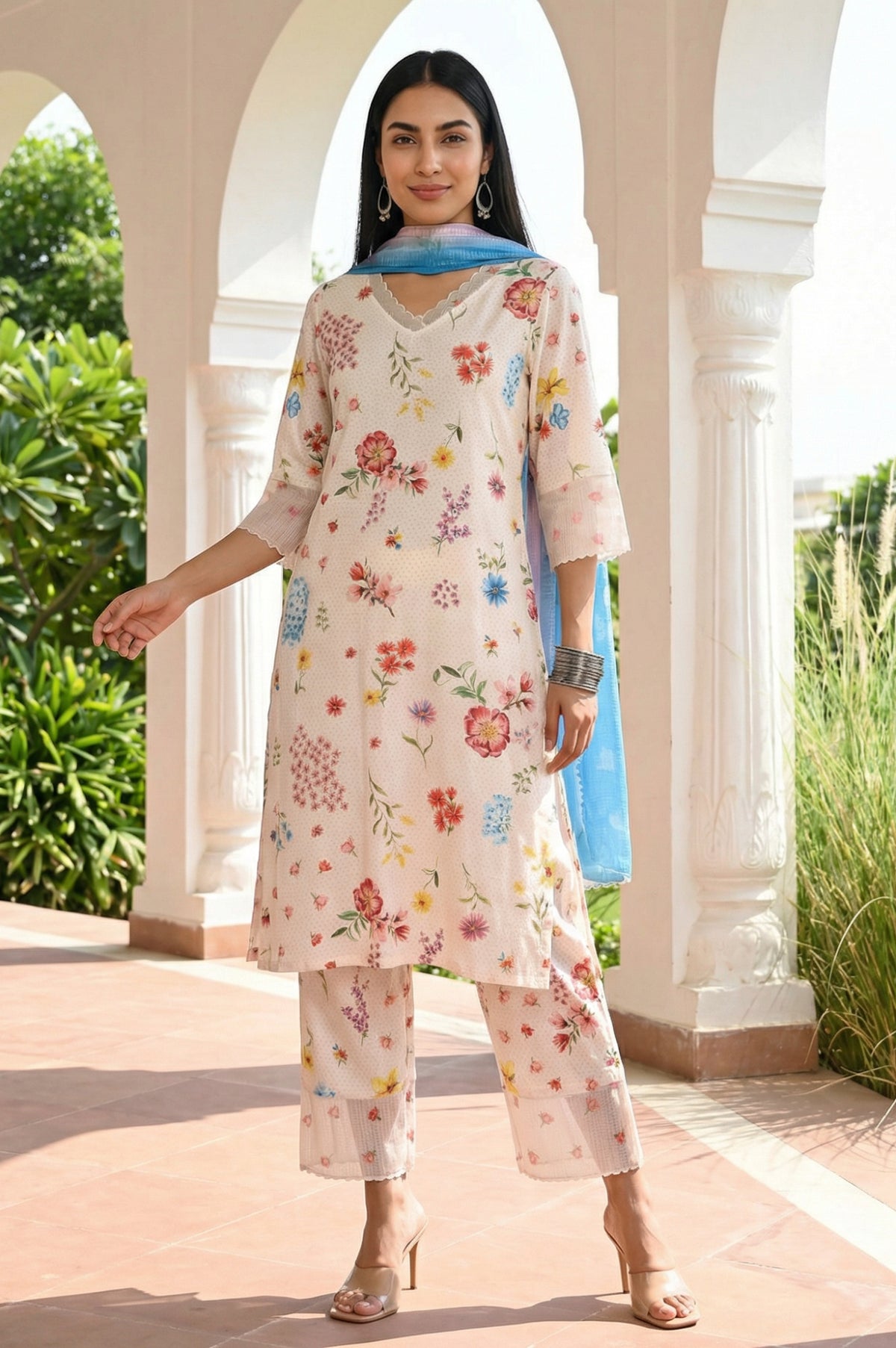 Off White Floral Printed Rayon Straight Kurta with Palazzo and Dupatta Set - S