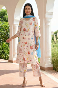 Off White Floral Printed Rayon Straight Kurta with Palazzo and Dupatta Set
