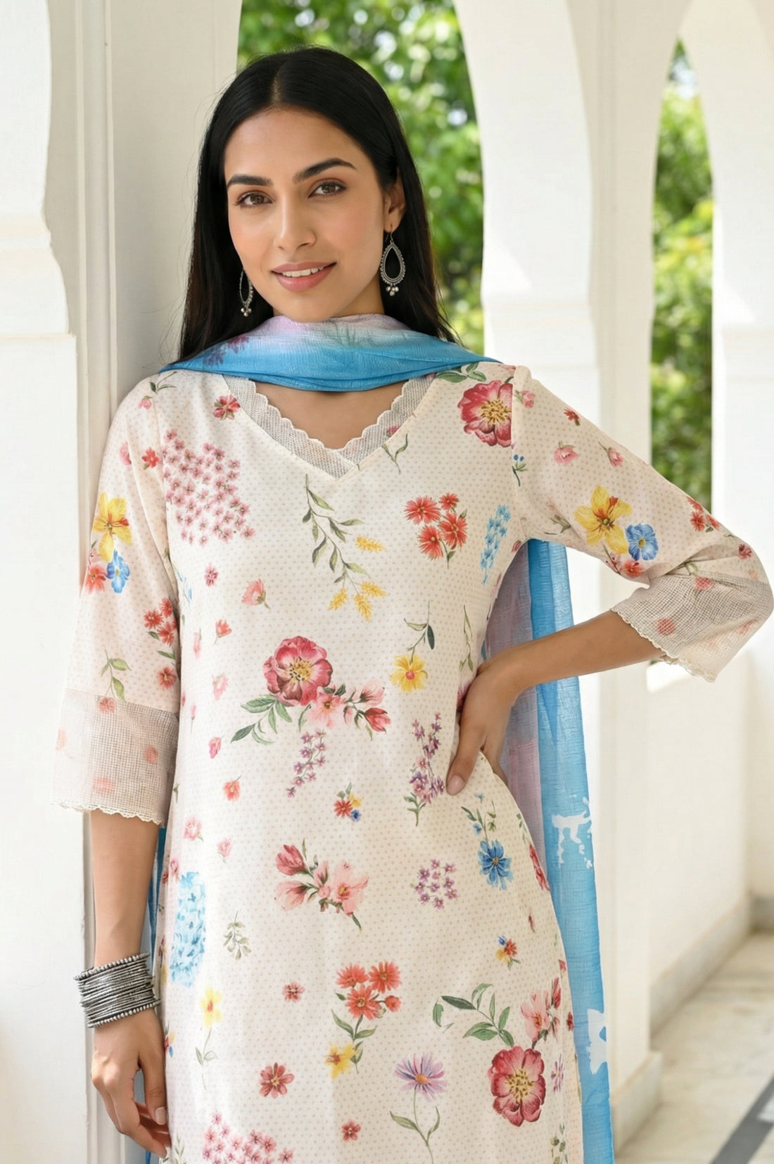 Off White Floral Printed Rayon Straight Kurta with Palazzo and Dupatta Set
