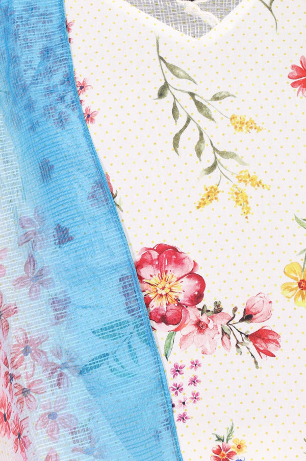 Off White Floral Printed Rayon Straight Kurta with Palazzo and Dupatta Set