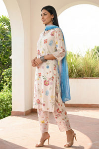 Off White Floral Printed Rayon Straight Kurta with Palazzo and Dupatta Set