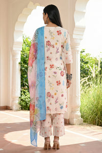 Off White Floral Printed Rayon Straight Kurta with Palazzo and Dupatta Set