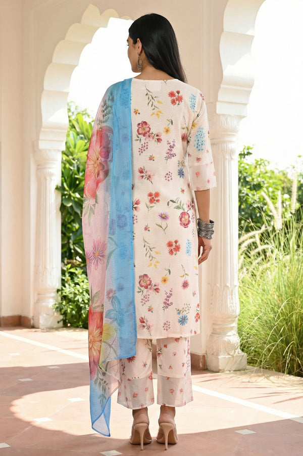 Off White Floral Printed Rayon Straight Kurta with Palazzo and Dupatta Set
