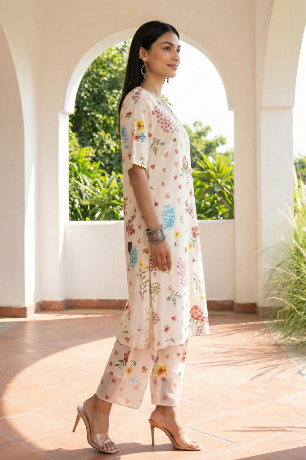 Off White Floral Printed Rayon Straight Kurta with Palazzo and Dupatta Set