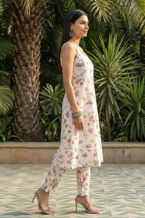 Off White Floral Printed Chanderi Sleeveless A-line Kurta with Trousers and Dupatta Set