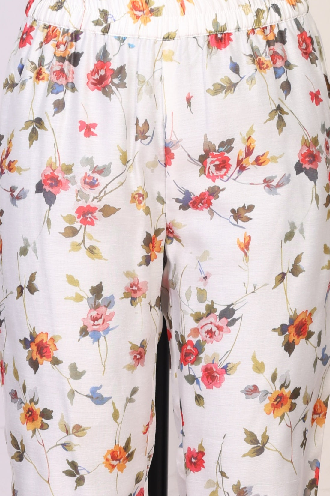 Off White Floral Printed Chanderi Sleeveless A-line Kurta with Trousers and Dupatta Set