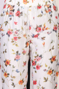 Off White Floral Printed Chanderi Sleeveless A-line Kurta with Trousers and Dupatta Set
