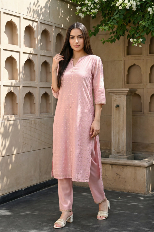 Pink Yarn Dyed Foil Printed Polka Dots Chanderi Straight Kurta with Trouser Set