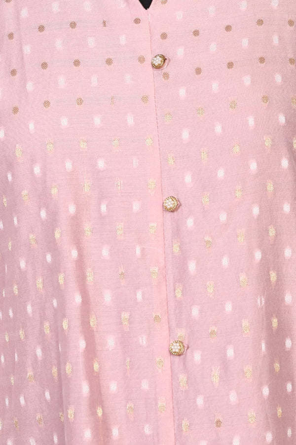 Pink Yarn Dyed Foil Printed Polka Dots Chanderi Straight Kurta with Trouser Set