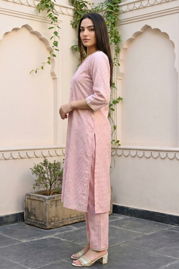 Pink Yarn Dyed Foil Printed Polka Dots Chanderi Straight Kurta with Trouser Set
