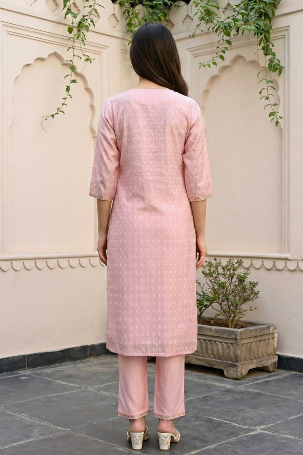 Pink Yarn Dyed Foil Printed Polka Dots Chanderi Straight Kurta with Trouser Set