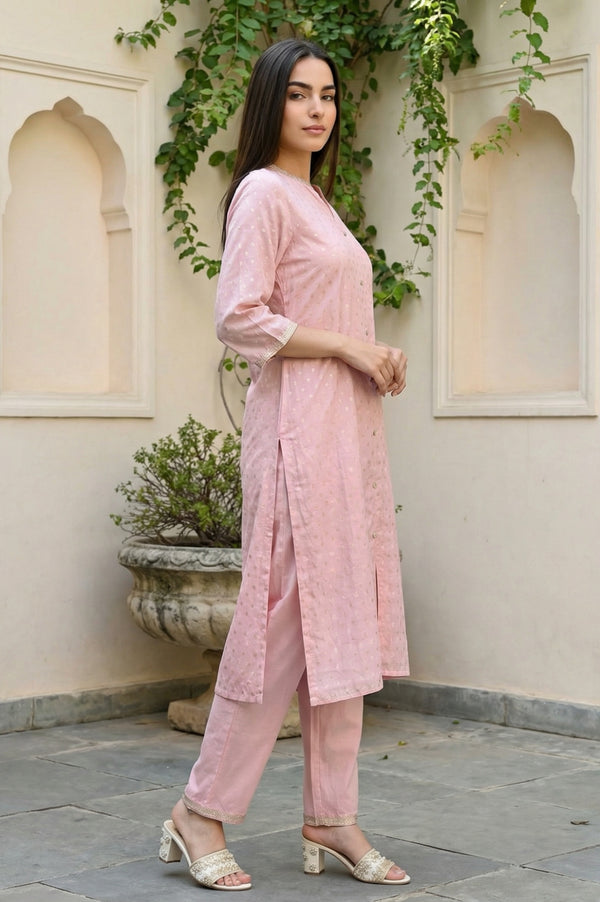 Pink Yarn Dyed Foil Printed Polka Dots Chanderi Straight Kurta with Trouser Set