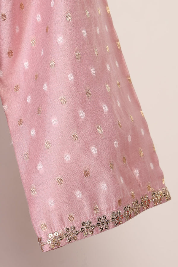 Pink Yarn Dyed Foil Printed Polka Dots Chanderi Straight Kurta with Trouser Set