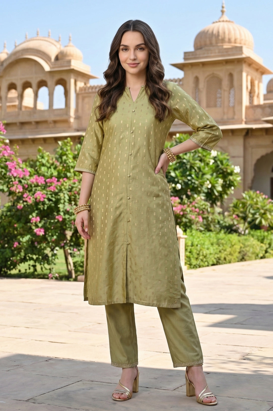 Green Yarn Dyed Chanderi Butta Straight Kurta with Trousers Co-ord Set
