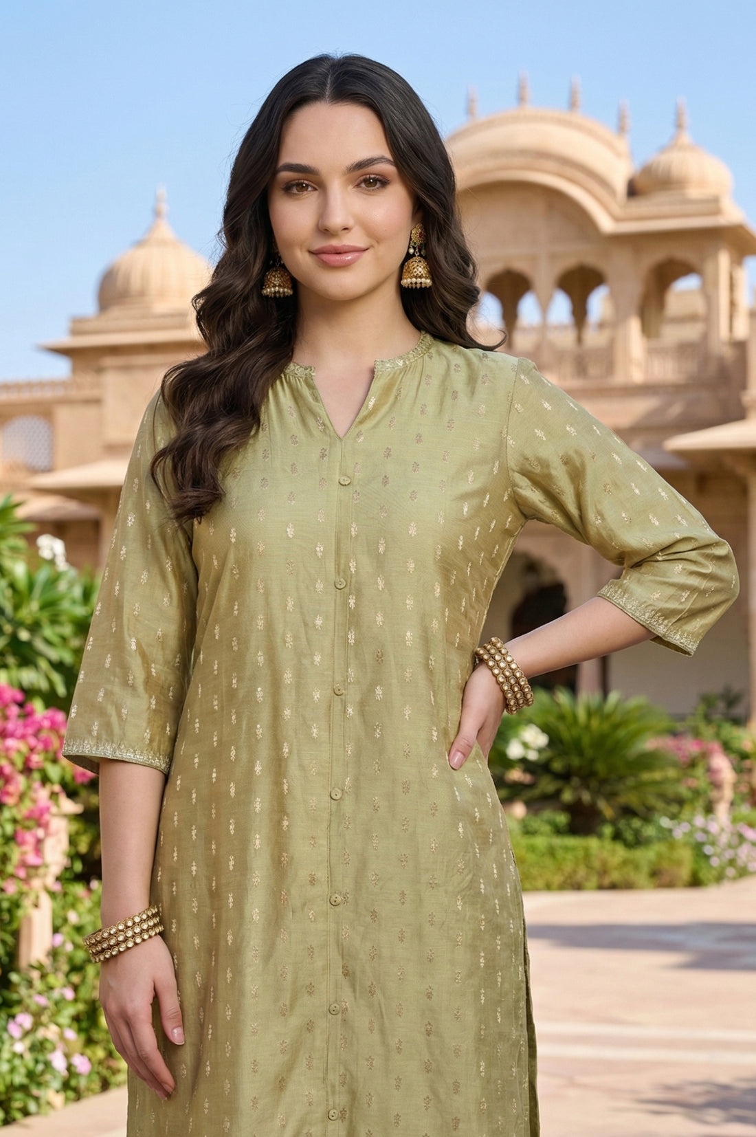 Green Yarn Dyed Chanderi Butta Straight Kurta with Trousers Co-ord Set