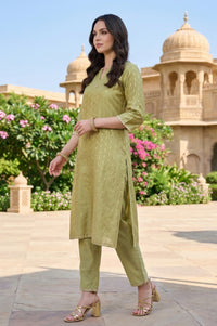 Green Yarn Dyed Chanderi Butta Straight Kurta with Trousers Co-ord Set