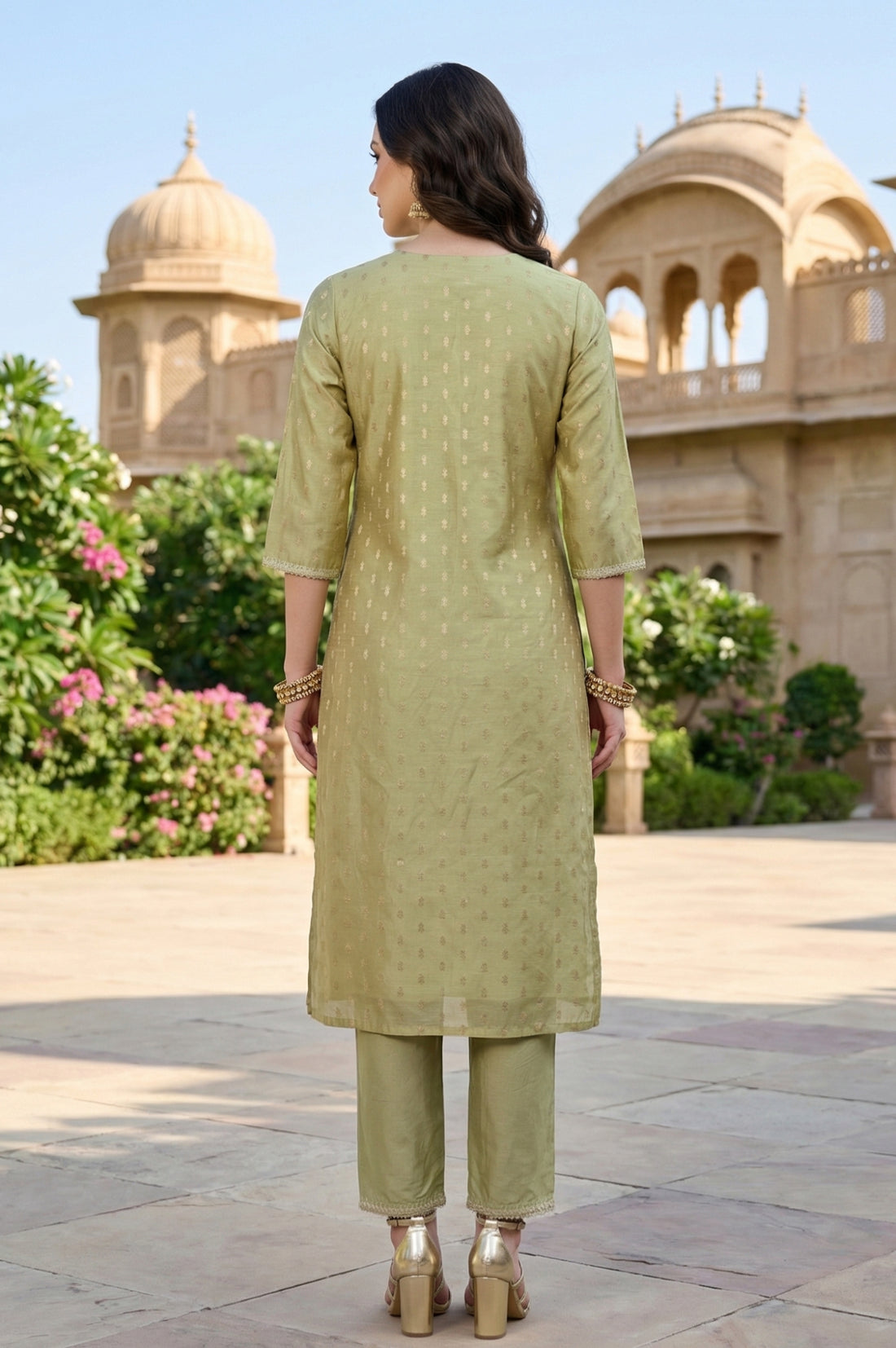 Green Yarn Dyed Chanderi Butta Straight Kurta with Trousers Co-ord Set