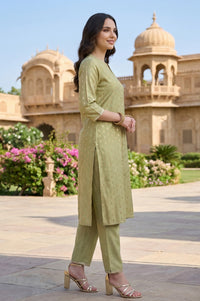 Green Yarn Dyed Chanderi Butta Straight Kurta with Trousers Co-ord Set