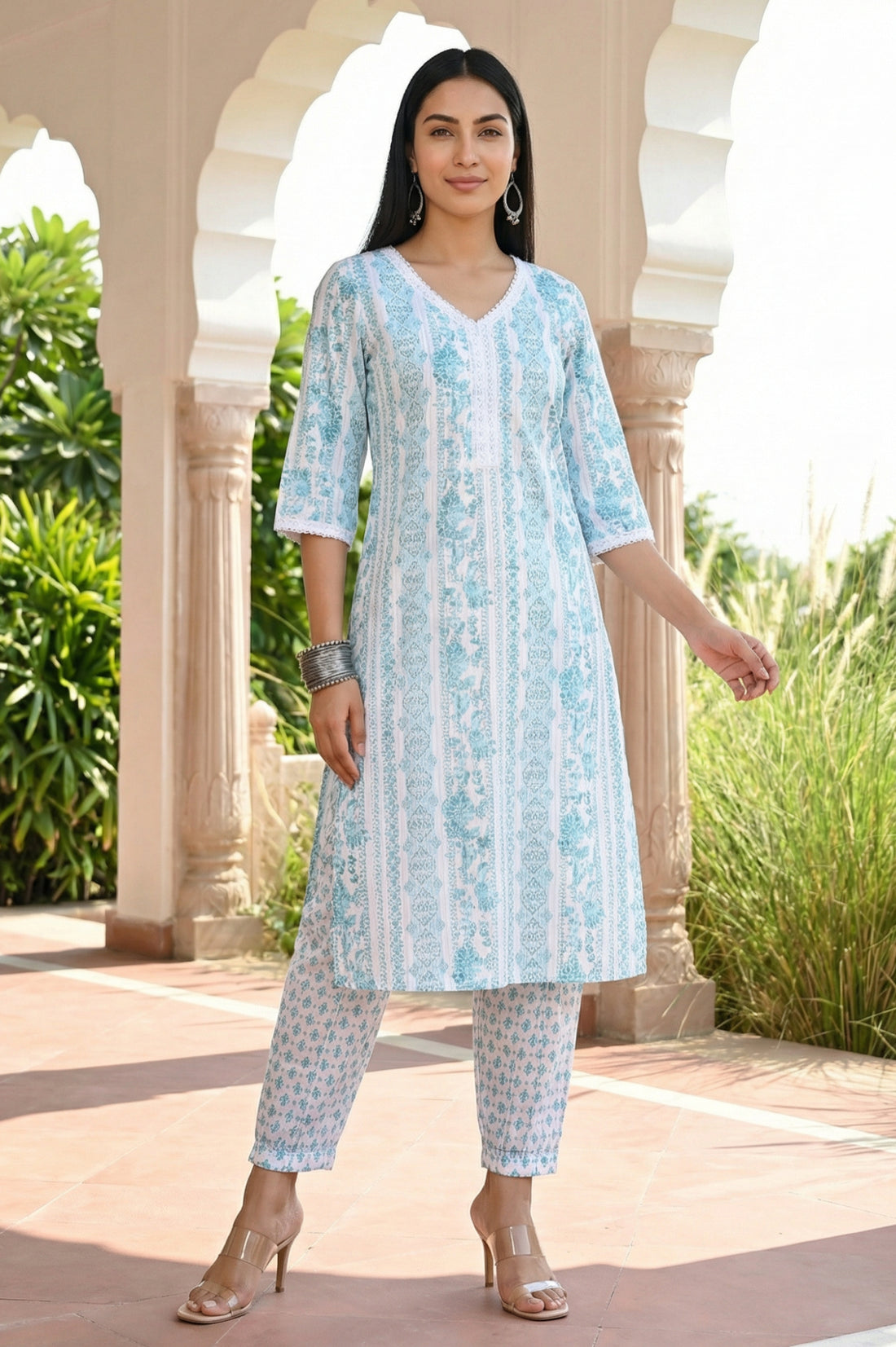 White Floral Printed Pure Cotton Straight Kurta with Salwar Co-ord Set