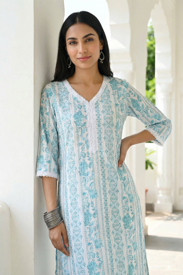 White Floral Printed Pure Cotton Straight Kurta with Salwar Co-ord Set