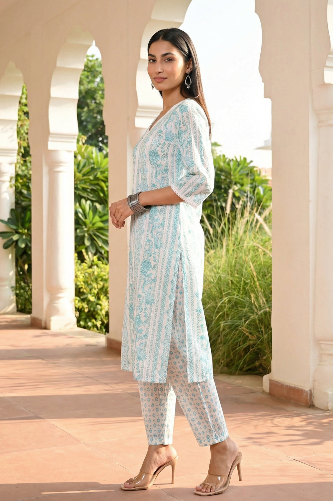 White Floral Printed Pure Cotton Straight Kurta with Salwar Co-ord Set