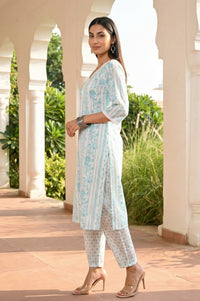 White Floral Printed Pure Cotton Straight Kurta with Salwar Co-ord Set