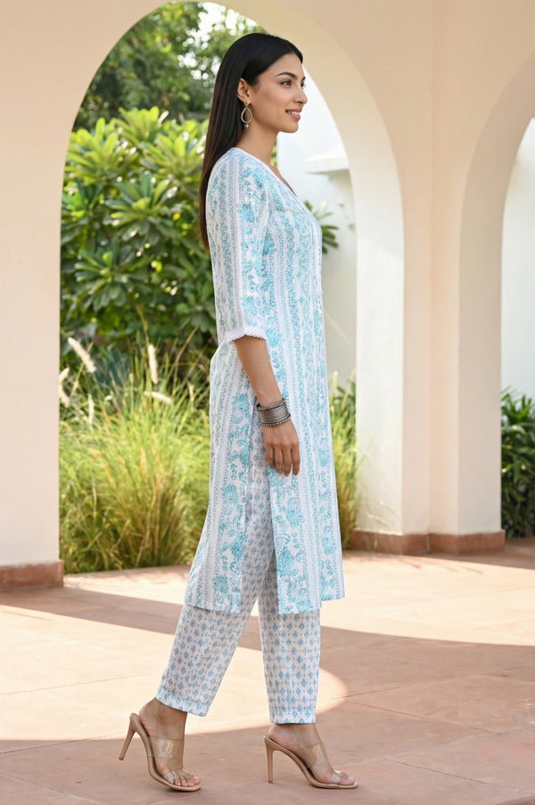 White Floral Printed Pure Cotton Straight Kurta with Salwar Co-ord Set