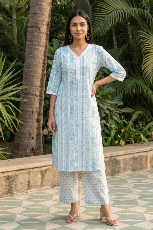 White Floral Printed Pure Cotton Straight Kurta with Palazzo Co-ord Set