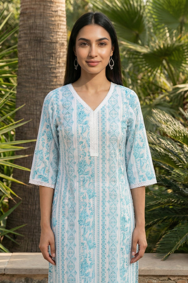 White Floral Printed Pure Cotton Straight Kurta with Palazzo Co-ord Set