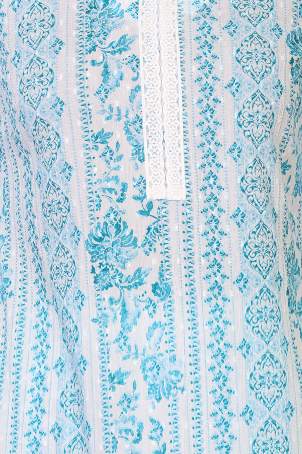 White Floral Printed Pure Cotton Straight Kurta with Palazzo Co-ord Set