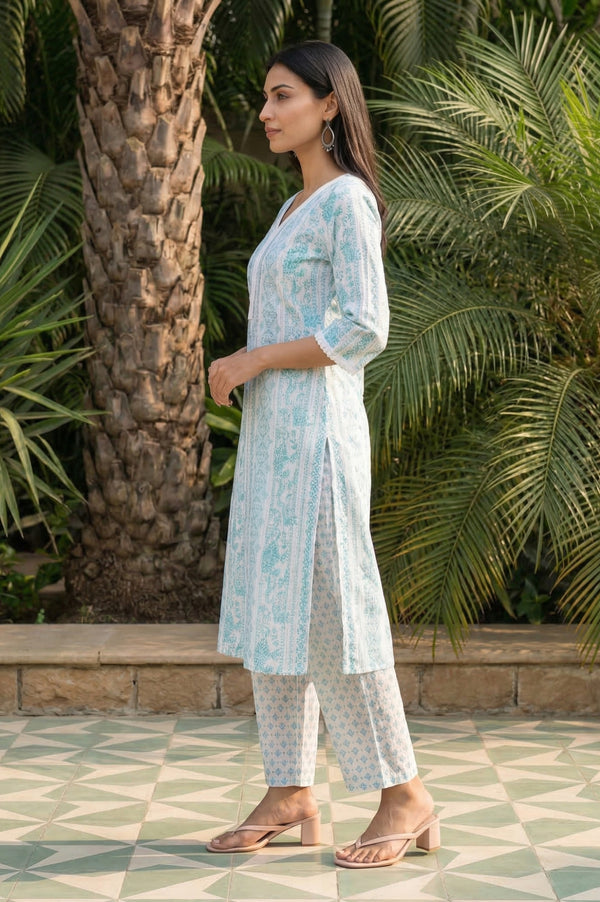 White Floral Printed Pure Cotton Straight Kurta with Palazzo Co-ord Set