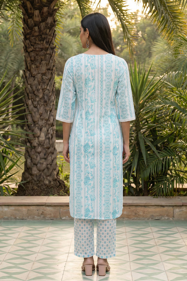 White Floral Printed Pure Cotton Straight Kurta with Palazzo Co-ord Set