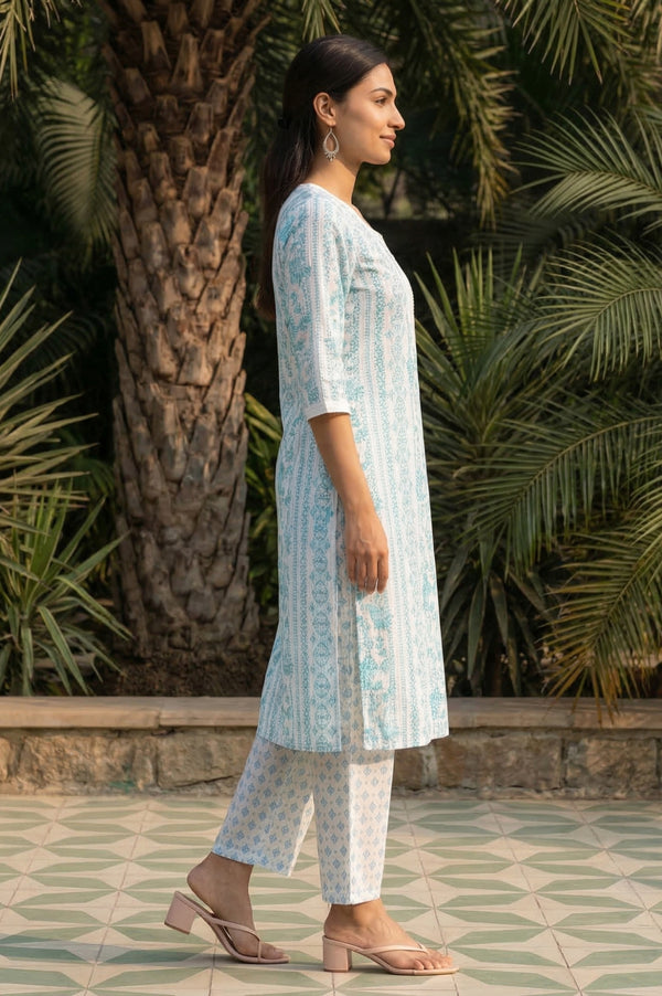 White Floral Printed Pure Cotton Straight Kurta with Palazzo Co-ord Set