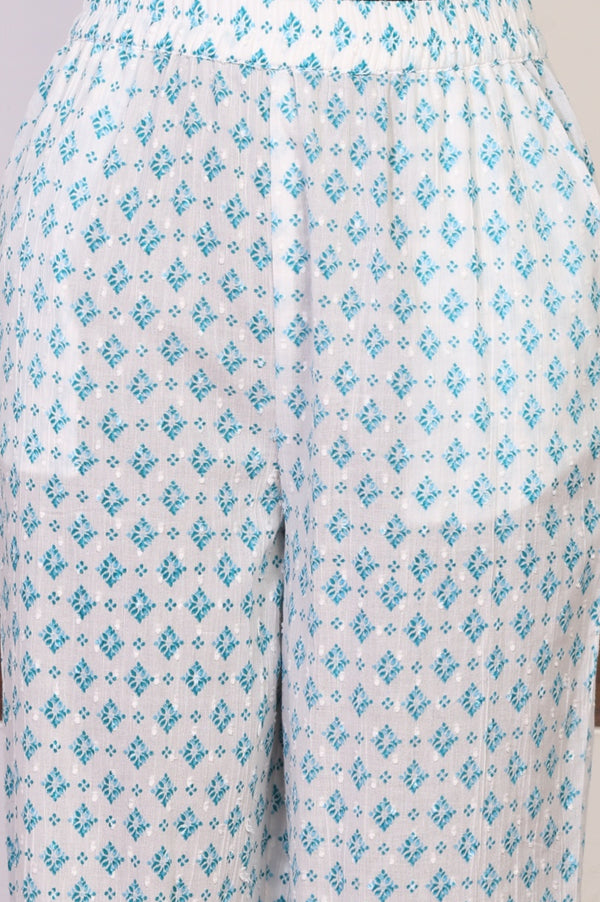 White Floral Printed Pure Cotton Straight Kurta with Palazzo Co-ord Set