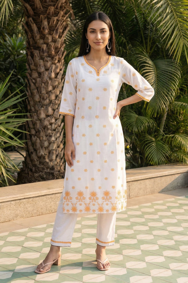White Thread Embroidered Rayon Straight Kurta and Palazzo Co-ord Set